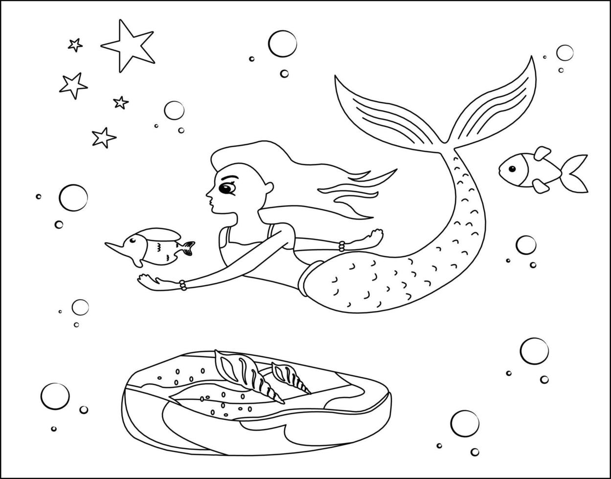 page de coloriage de sirène 26, jolie sirène avec des poissons rouges, herbe verte, bulles d'eau sur fond, page de coloriage vectorielle en noir et blanc. vecteur