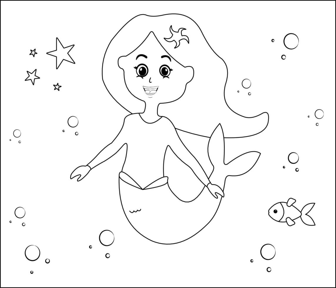 page de coloriage de sirène 8, jolie sirène avec des poissons rouges, herbe verte, bulles d'eau sur fond, page de coloriage vectorielle en noir et blanc. vecteur