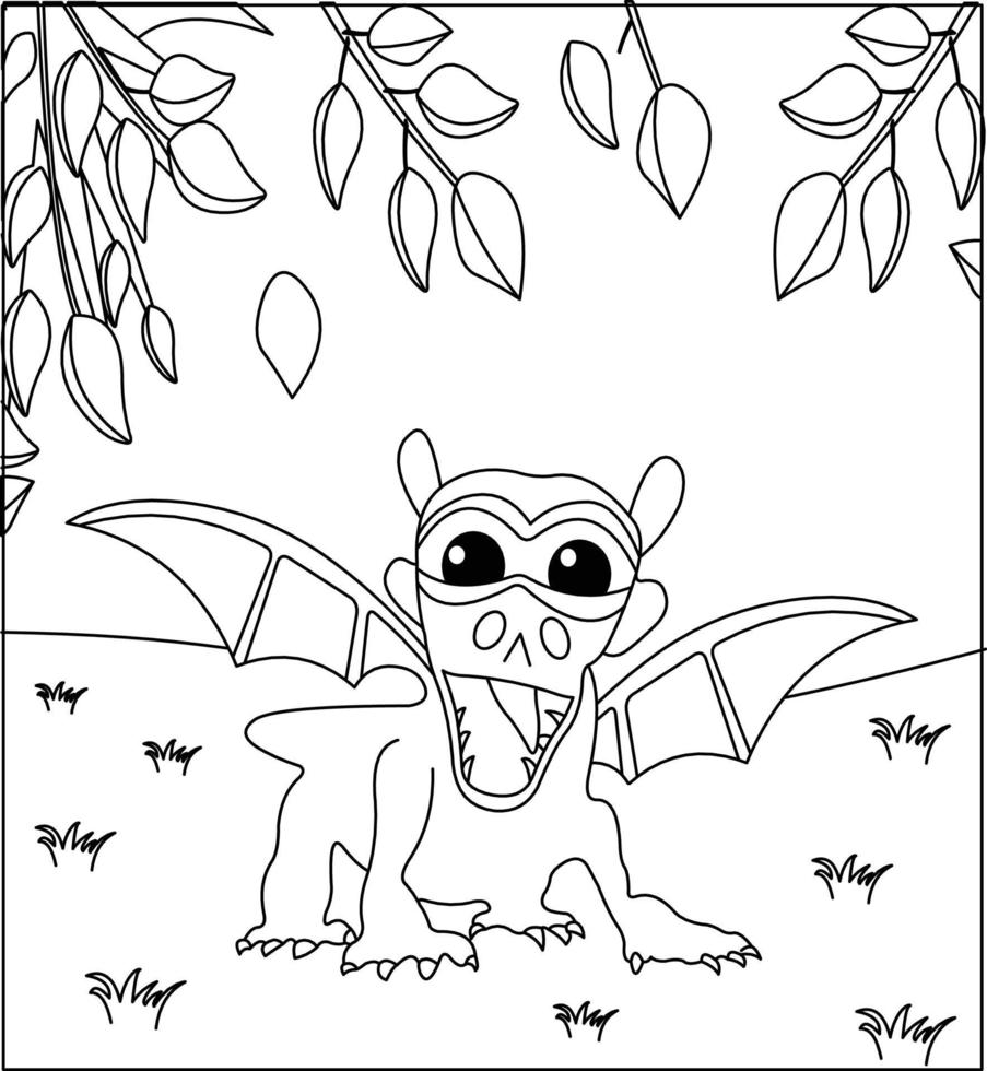 dragon coloriage page 43. dragon mignon avec nature, herbe verte, arbres sur fond, page de coloriage noir et blanc de vecteur. vecteur