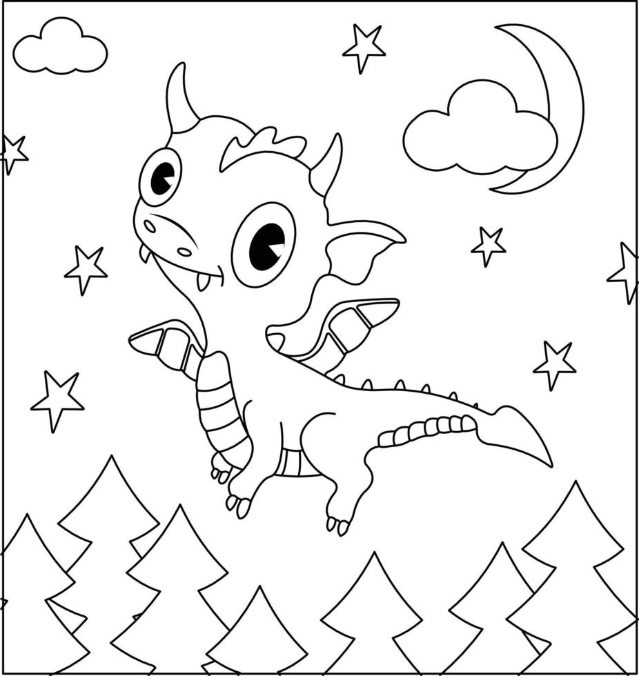 dragon coloriage page 40. dragon mignon avec nature, herbe verte, arbres sur fond, page de coloriage noir et blanc de vecteur. vecteur