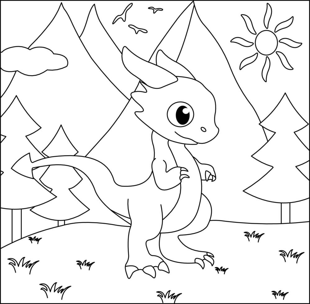 dragon coloriage page 21. dragon mignon avec nature, herbe verte, arbres sur fond, page de coloriage noir et blanc de vecteur. vecteur