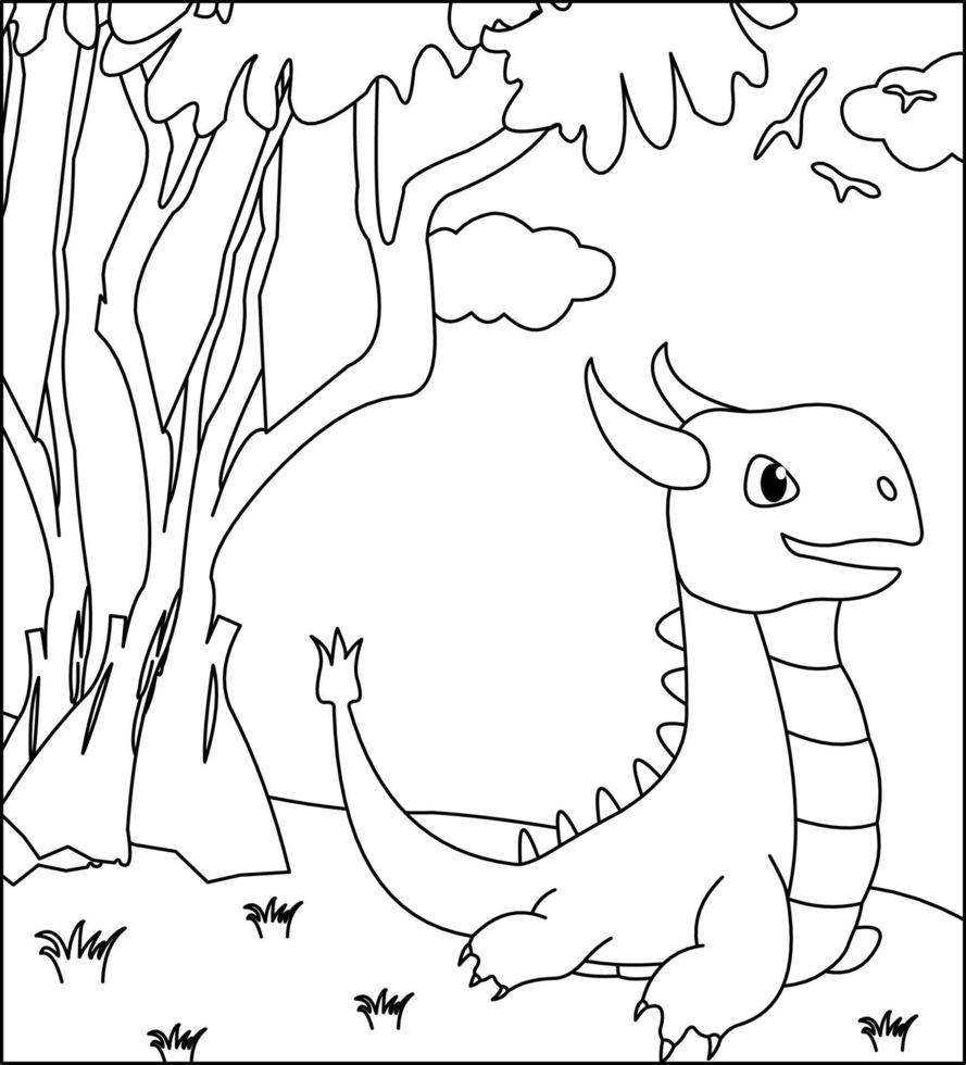 dragon coloriage page 14. dragon mignon avec nature, herbe verte, arbres sur fond, page de coloriage noir et blanc de vecteur. vecteur