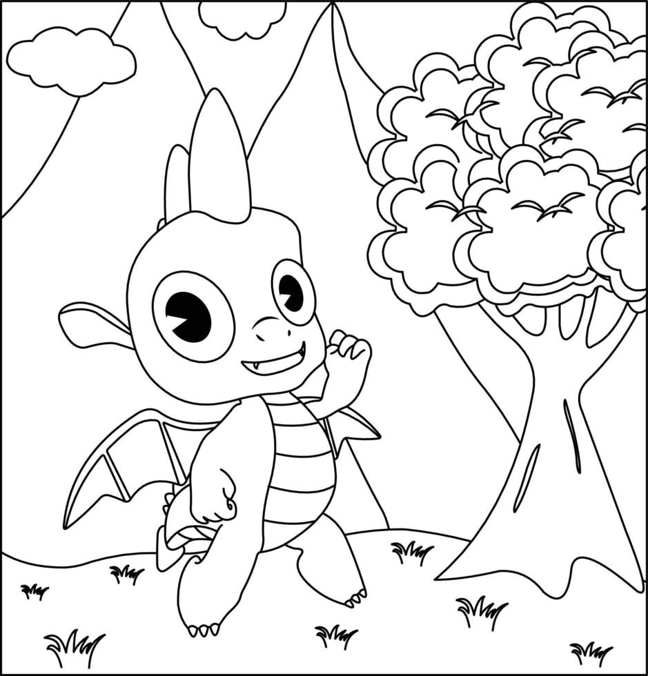 dragon coloriage page 5. dragon mignon avec nature, herbe verte, arbres sur fond, page de coloriage noir et blanc de vecteur. vecteur