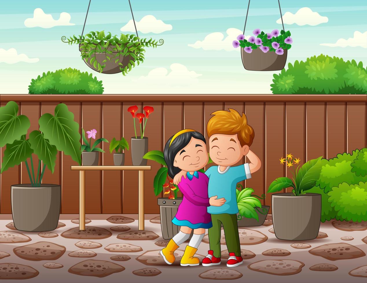 illustration de dessin animé d'un couple d'adolescents dans un jardin vecteur