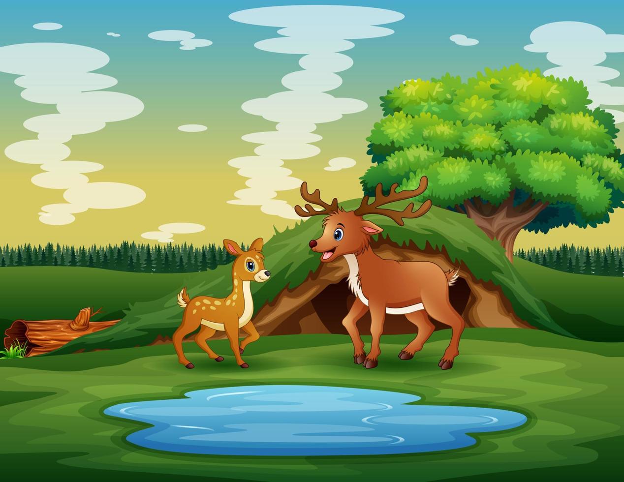 dessin animé une mère cerf avec son petit jouant près de l'étang vecteur