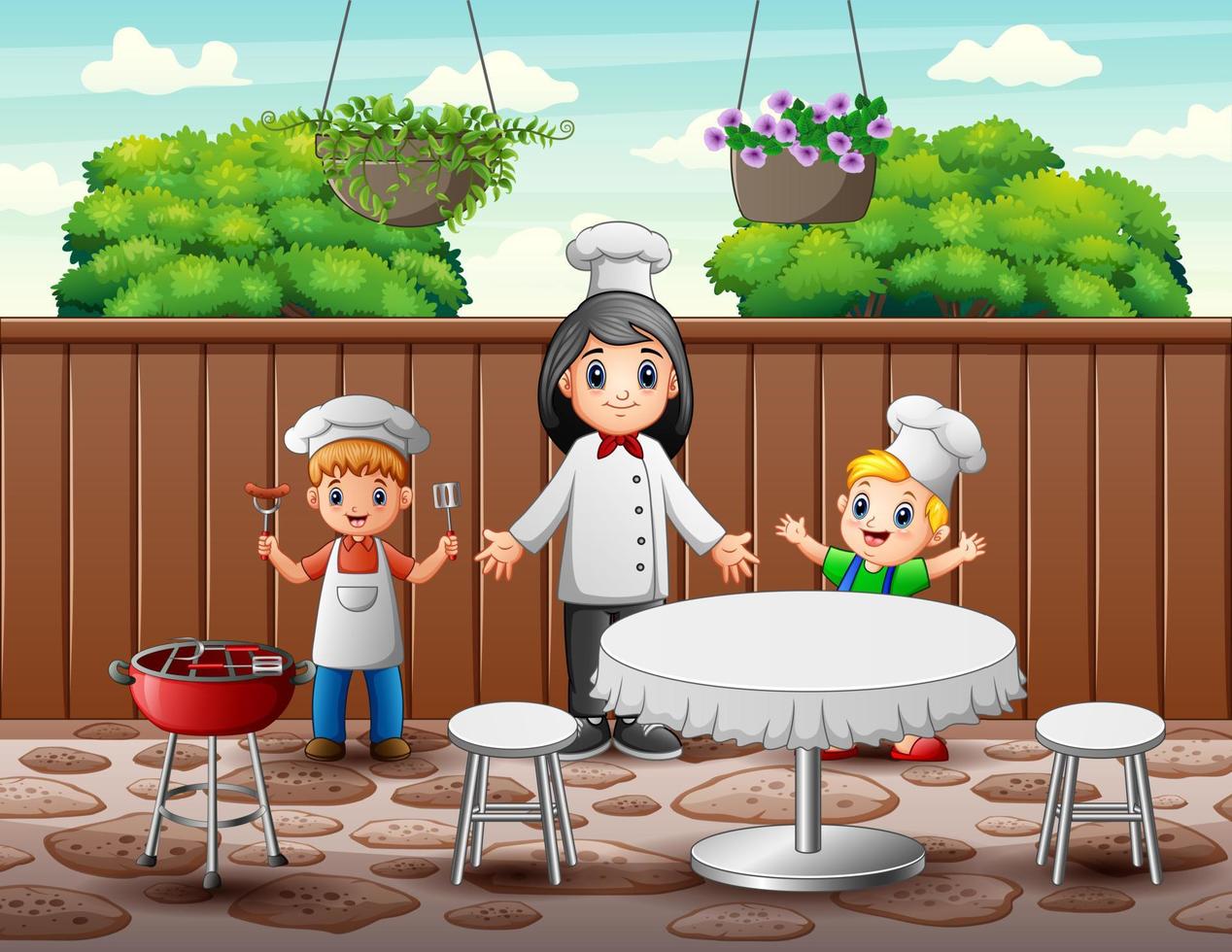 femme heureuse chef et enfants au restaurant vecteur