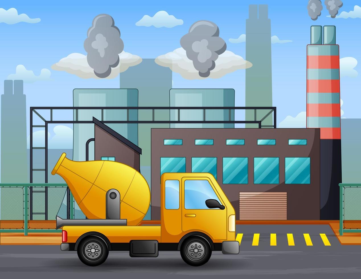 un camion malaxeur devant l'illustration du chantier de construction vecteur