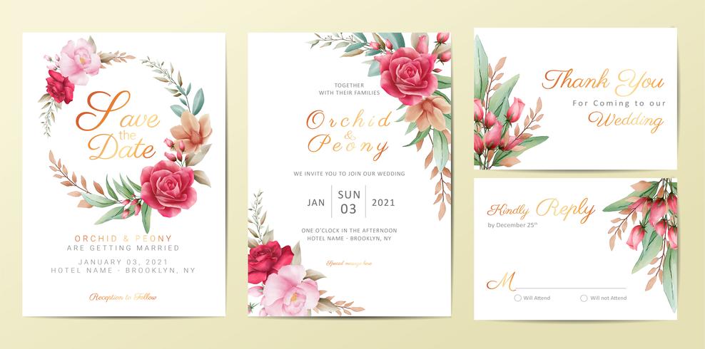 Modèle de cartes d&#39;invitation de mariage sertie de fleurs élégantes vecteur