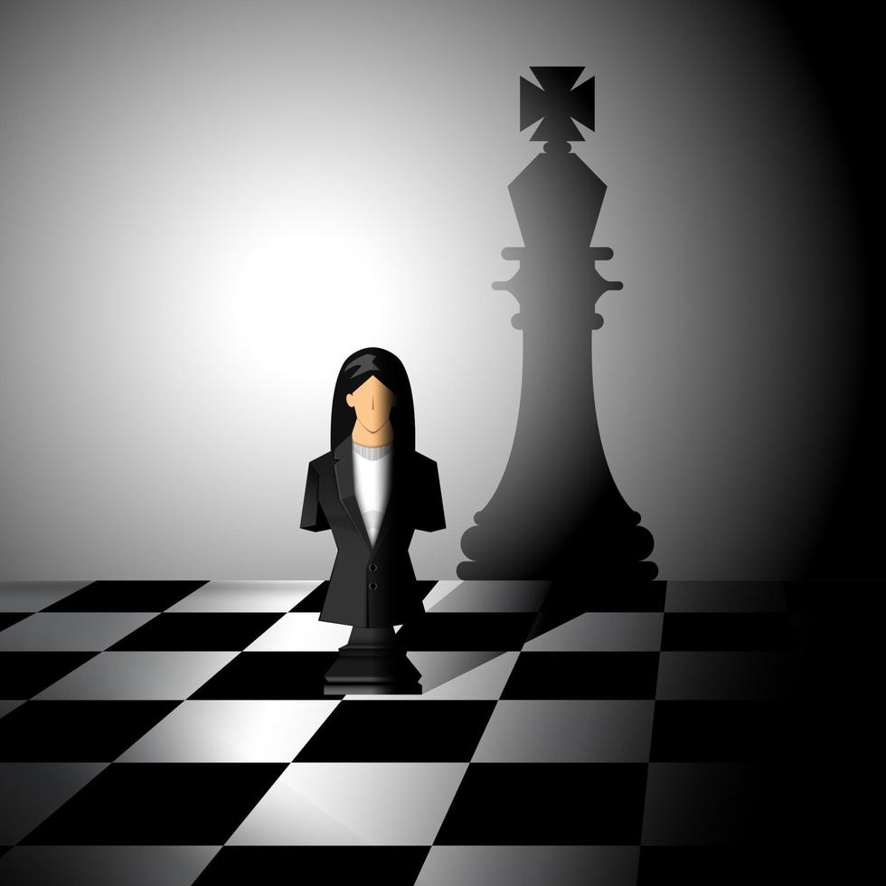 concept de leadership, une ombre de femme d'affaires d'échecs dans une ombre de roi d'échecs, illustrateur vectoriel