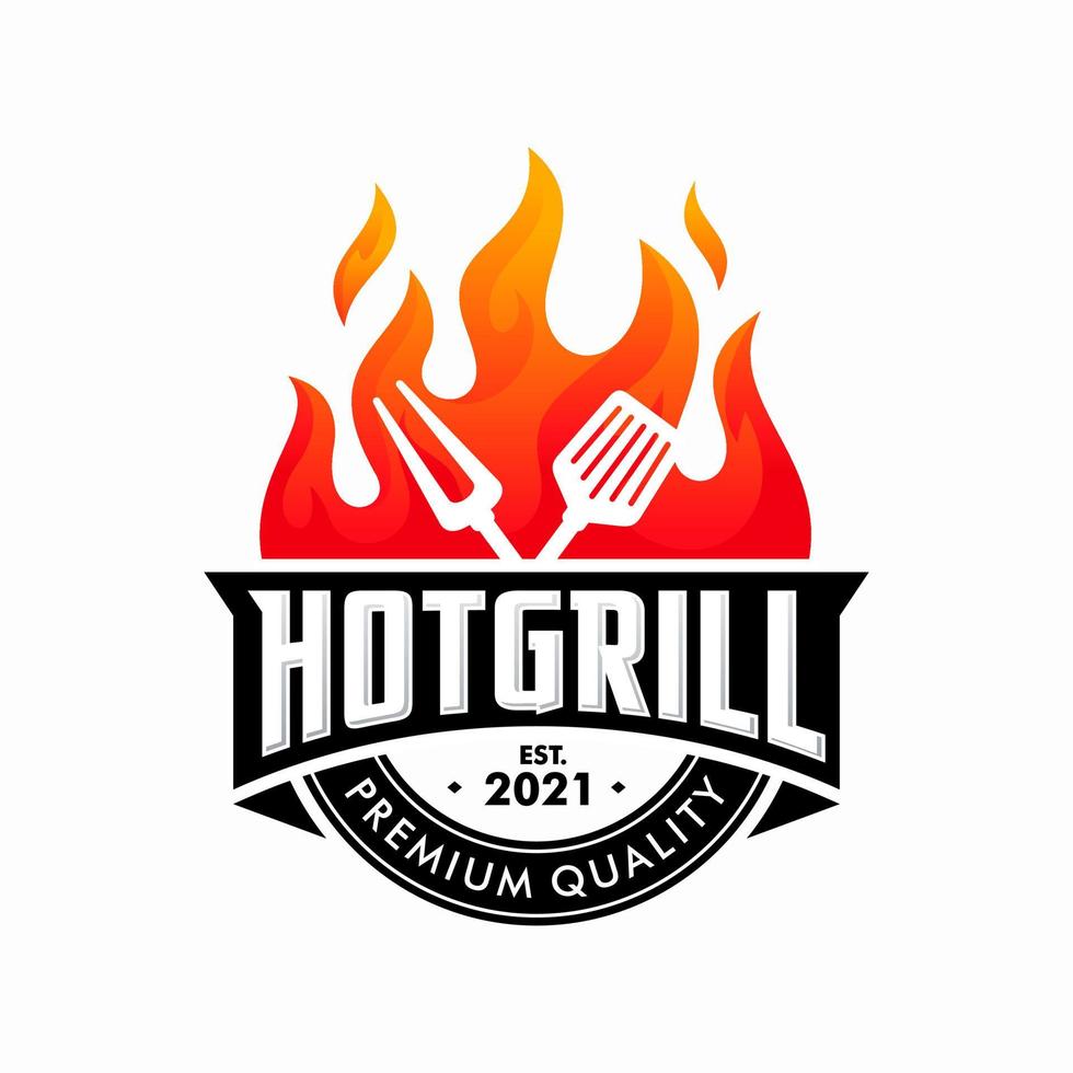 logo de barbecue grillé vintage, vecteur de barbecue rétro, icône de nourriture et de restaurant de gril de feu, icône de feu rouge