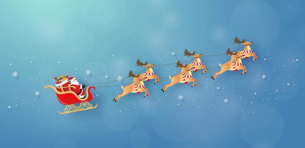 Père Noël et Rennes volant dans le ciel vecteur
