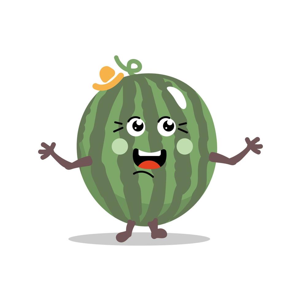 joli personnage de dessin animé de pastèque aux fruits isolé sur fond blanc, visage d'émoticône de pastèque positif et amical drôle, emoji de nourriture de visage de dessin animé de sourire heureux, fruit comique vecteur