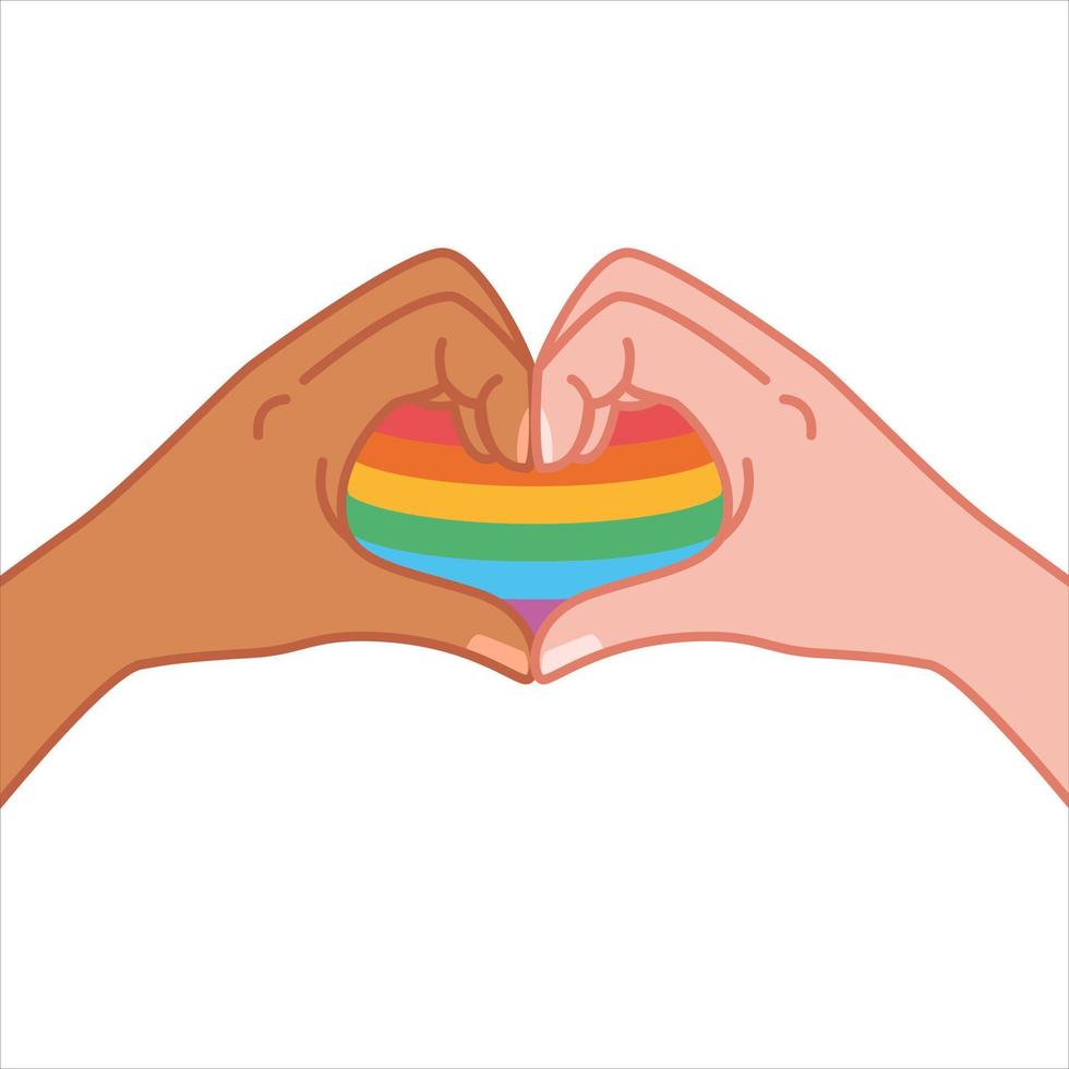 mains faisant un symbole de coeur. geste en forme de coeur, un message d'amour. montrant que je t'aime. vecteur isolé. soutenir la fierté lgbt. main colorée. liberté. amour. cœur. abstrait arc-en-ciel.