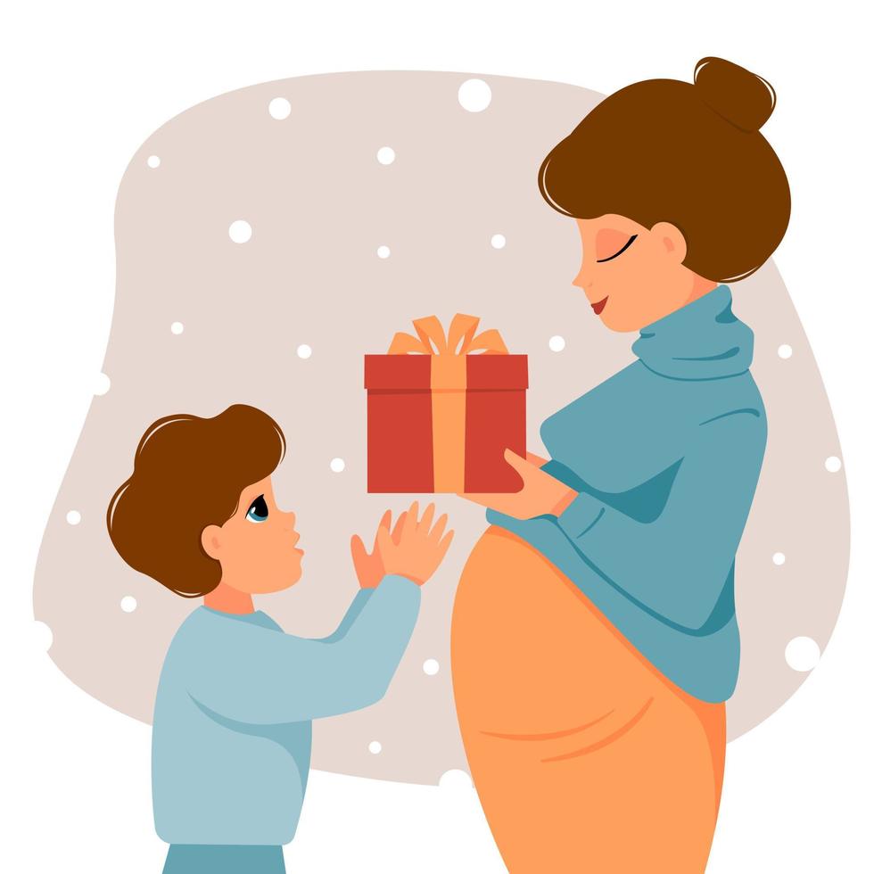 le fils donne le cadeau de noël à maman. la femme enceinte donne un cadeau à l'enfant. concept de célébration du nouvel an, anniversaire. illustration vectorielle de caractères de style plat. vecteur