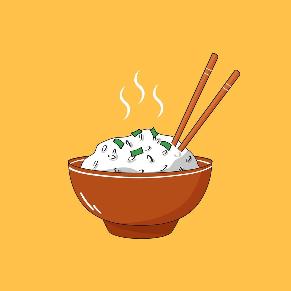 riz cuit à la vapeur chaud dans un bol brun avec des baguettes isolés sur fond blanc. illustration de dessin animé de vecteur pour le menu, les icônes