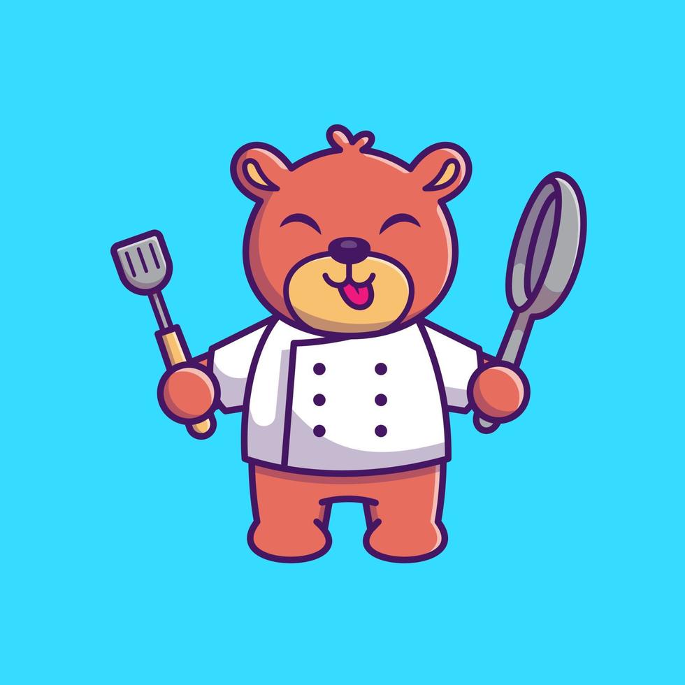 mignon chef ours tenant casserole et spatule dessin animé vecteur icône illustration. concept d'icône d'aliments pour animaux isolé vecteur premium. style de dessin animé plat