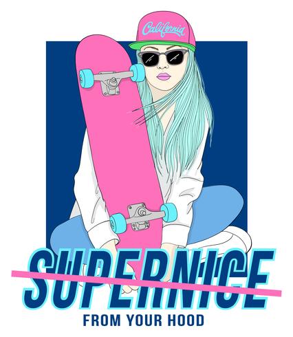 Main dessiné fille assise avec skateboard avec typographie vecteur