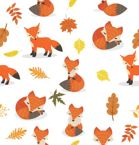 Modèle de feuilles de différentes poses de renard mignon vecteur