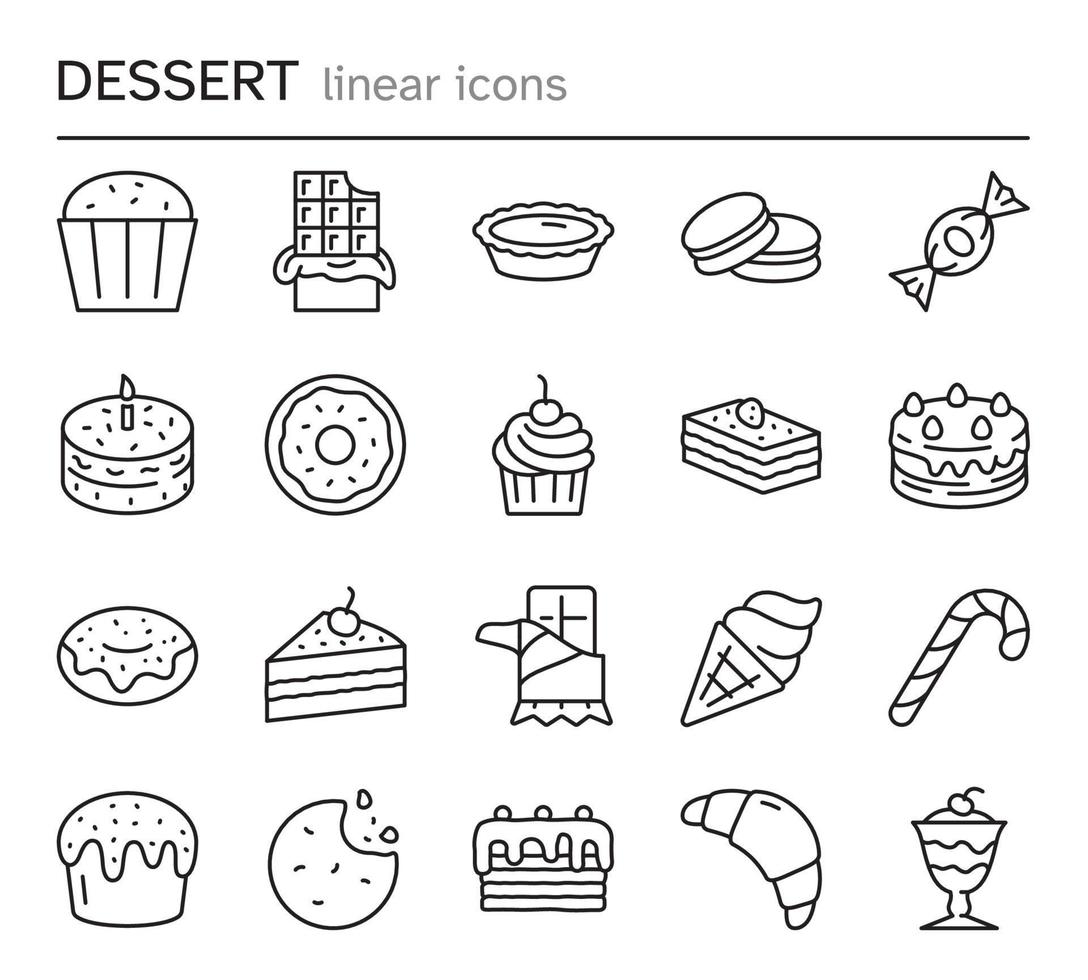 ensemble simple d'icônes de ligne de desserts. illustration d'aliments sucrés de collection simple. chocolat, gâteau, muffin, macarons, beignet et plus encore. trait modifiable. vecteur