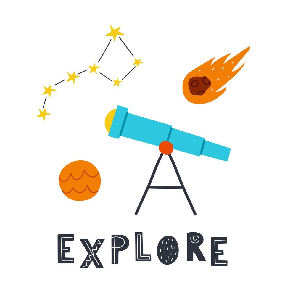 joli télescope cosmique dessiné à la main, étoiles spatiales et comète. lettrage explorer. affiche inspirante, conception de t-shirt. vecteur
