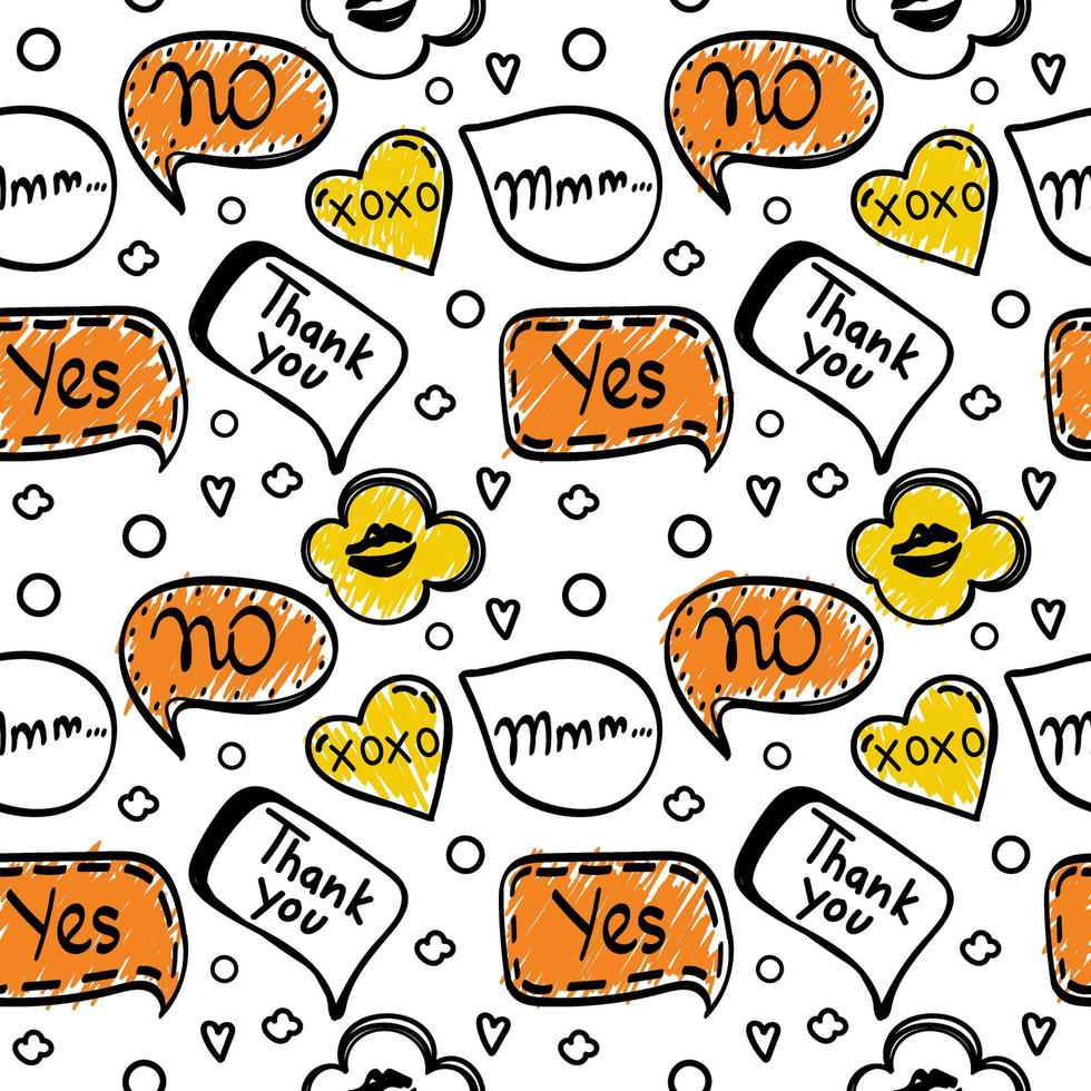 un motif homogène de bulles avec des mots de dialogue de style doodle dessinés à la main. boum, oups, non, d'accord, wow. discours. illustration vectorielle. vecteur