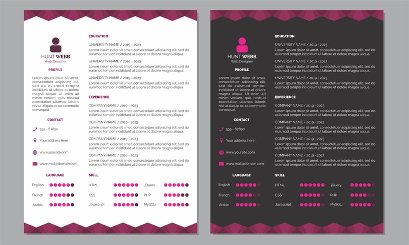 Curriculum Vitae Resume Cover Rose Clean Dark Header Pied de page vecteur