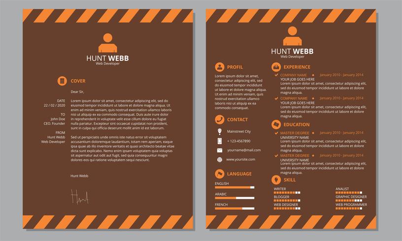 Couverture de CV de Curriculum Vitae En-tête foncé au chocolat orange vecteur