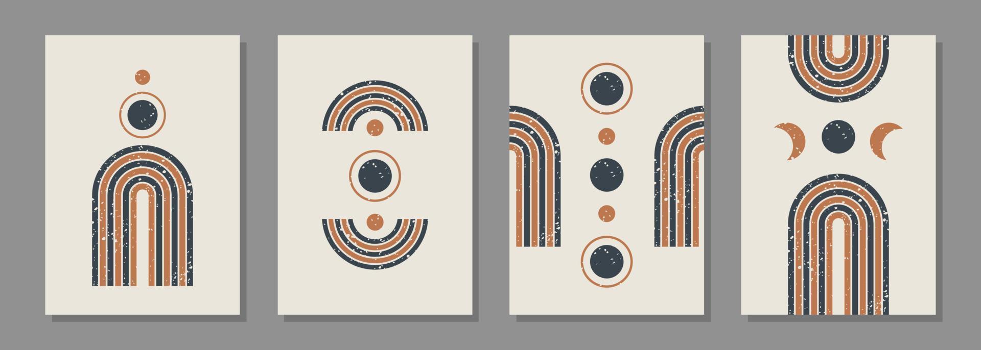 arrière-plans esthétiques abstraits modernes avec divers arc-en-ciel et cercles géométriques texturés. décoration murale de style bohème. impression d'art minimaliste du milieu du siècle. conception de vecteur