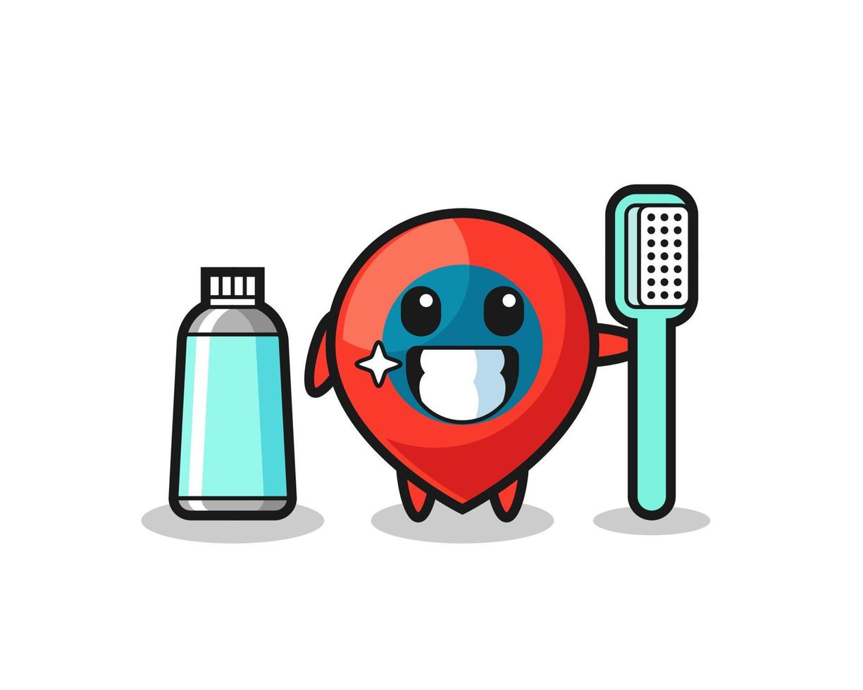 mascotte illustration du symbole de localisation avec une brosse à dents vecteur