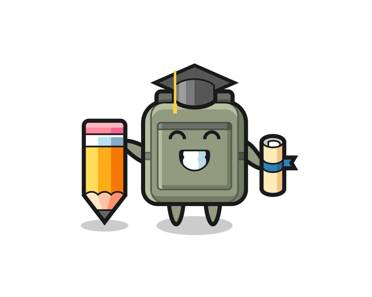 le dessin animé d'illustration de sac d'école est l'obtention du diplôme avec un crayon géant vecteur