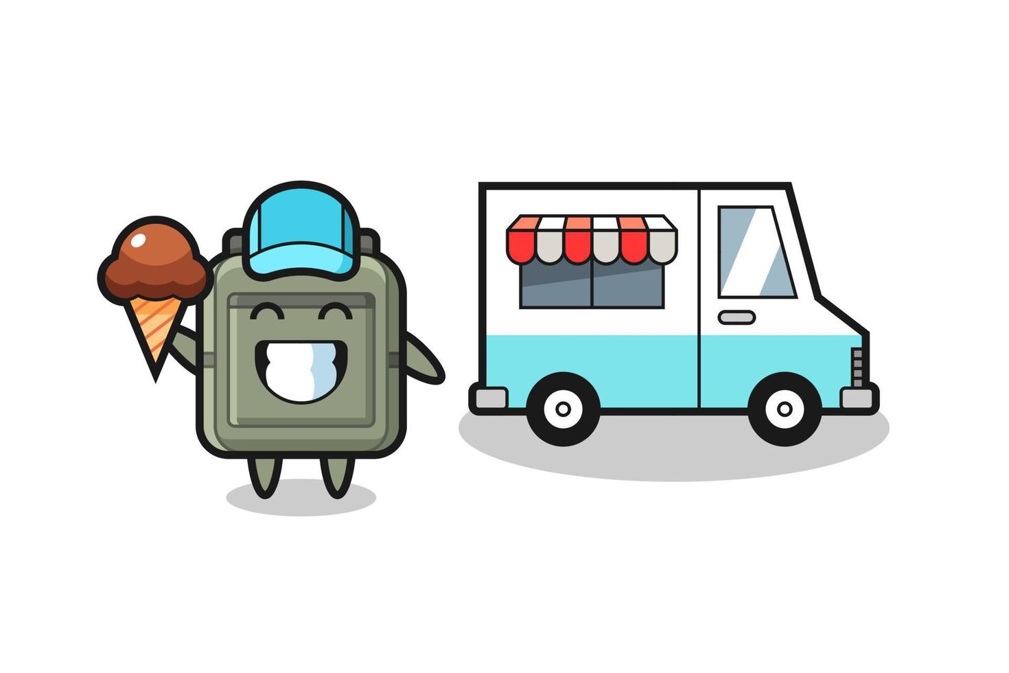 caricature de mascotte de sac d'école avec camion de crème glacée vecteur