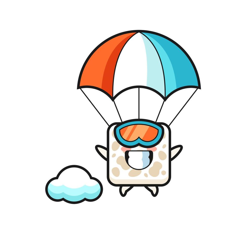 Le dessin animé de mascotte de tempeh fait du parachutisme avec un geste heureux vecteur