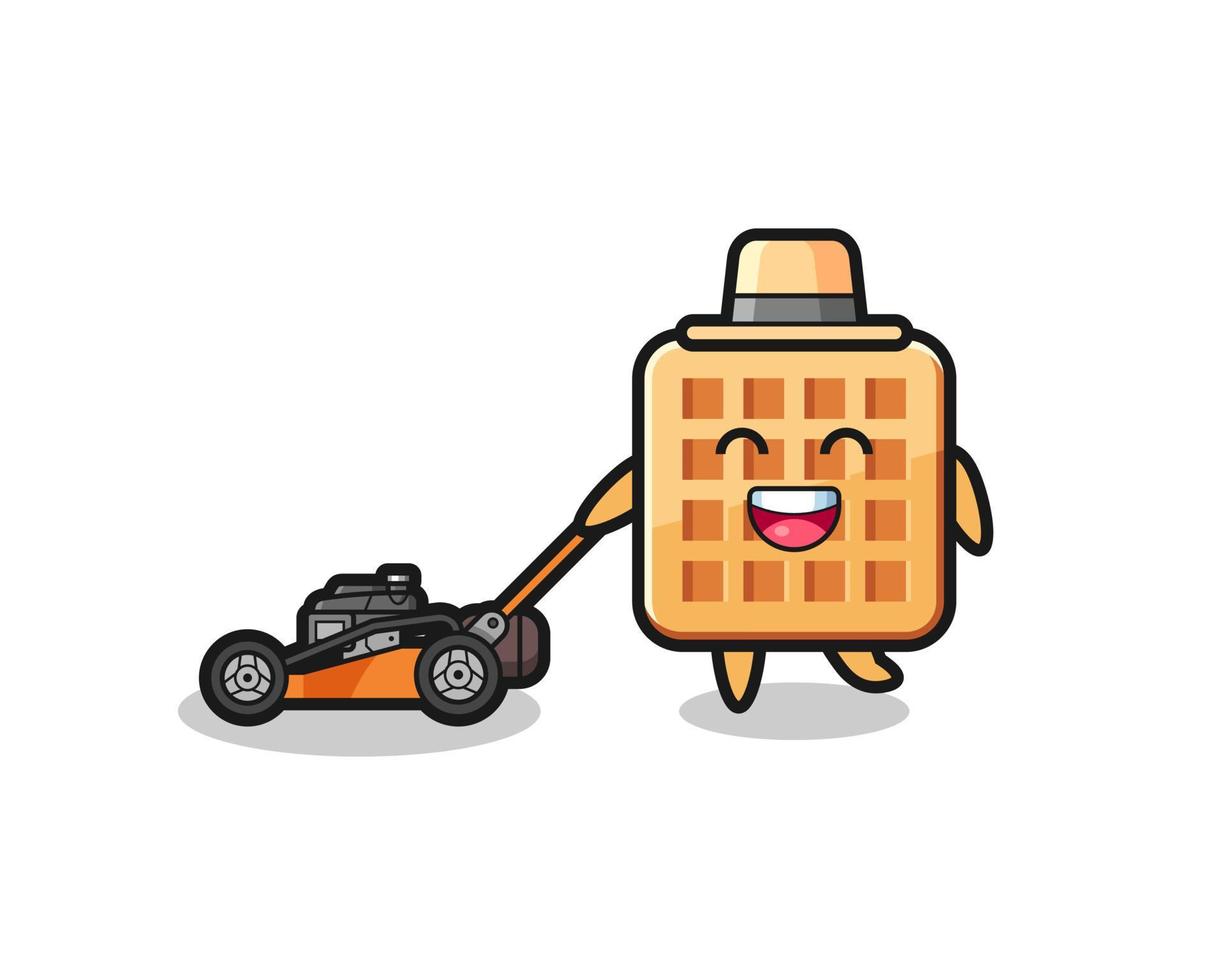 illustration du personnage de gaufre à l'aide d'une tondeuse à gazon vecteur