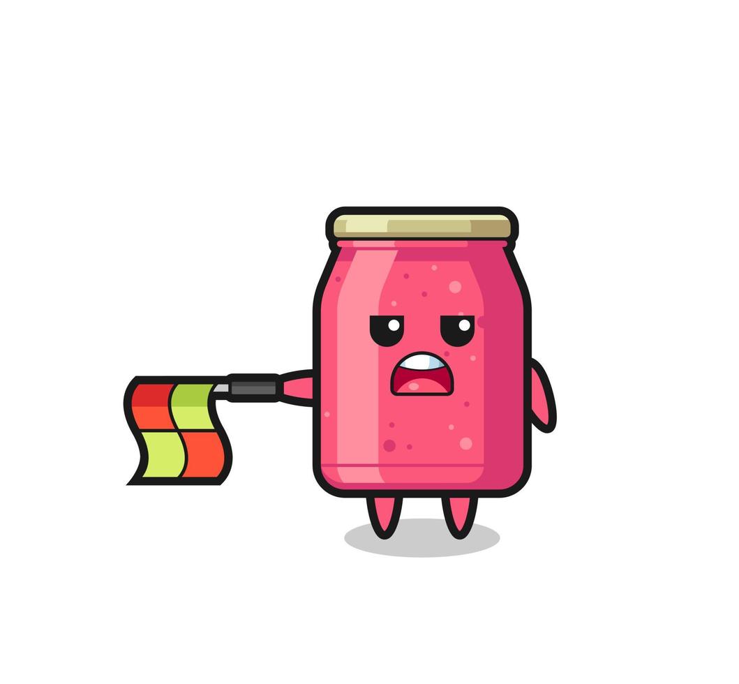 personnage de confiture de fraises en tant que juge de ligne tenir le drapeau droit horizontalement vecteur