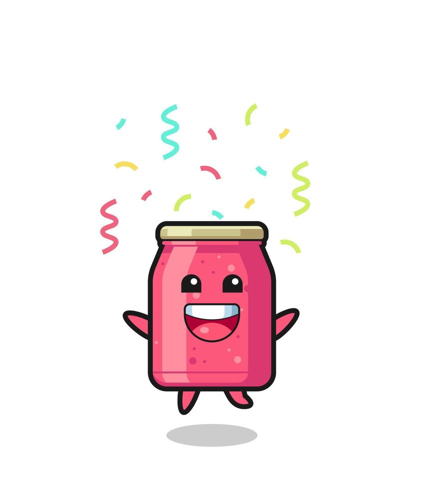 bonne mascotte de confiture de fraise sautant pour félicitation avec des confettis de couleur vecteur