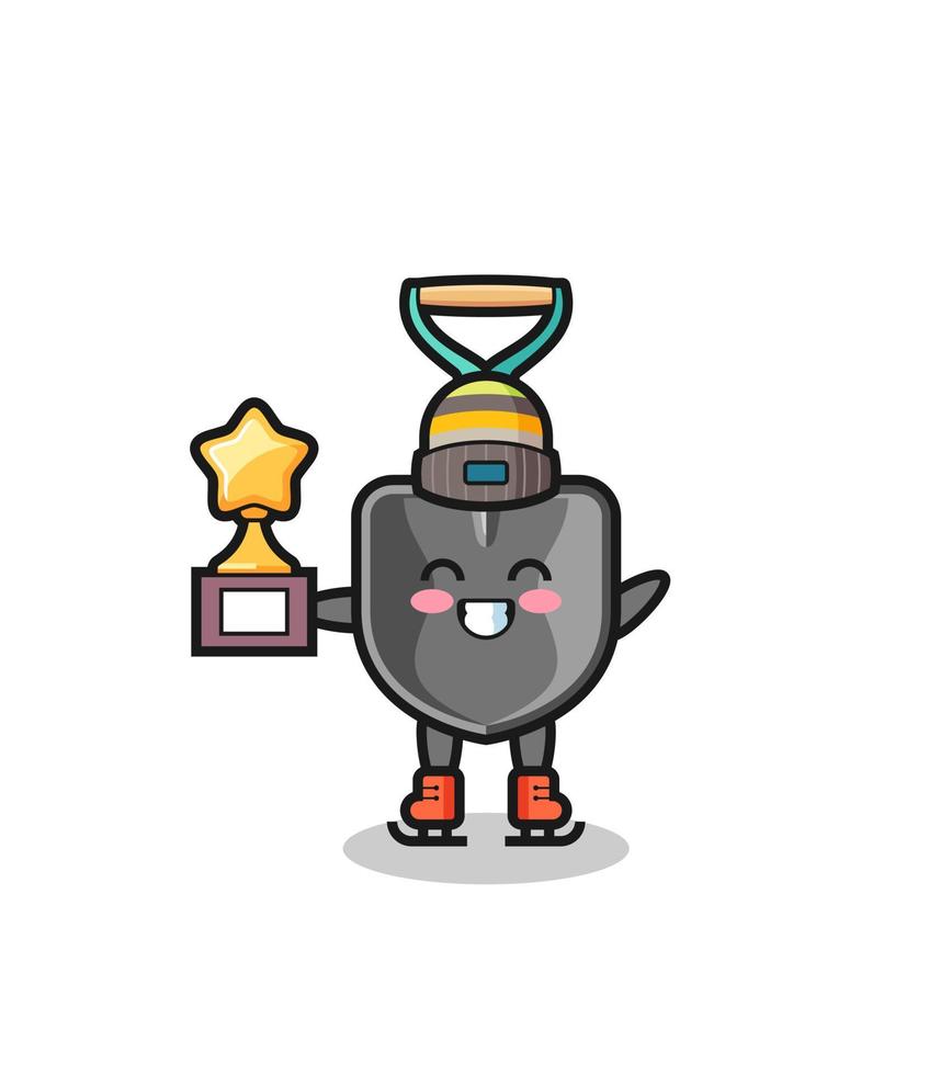 dessin animé de pelle en tant que joueur de patinage sur glace tenant le trophée du gagnant vecteur
