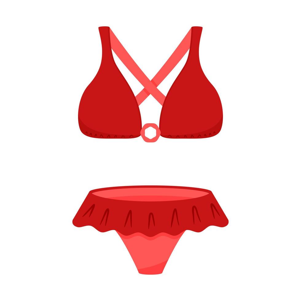 maillot de bain deux pièces rouge. soutien-gorge et slip. été femme, vêtements de plage pour bronzer et nager. illustration vectorielle dans un style plat. isolé sur blanc. vecteur