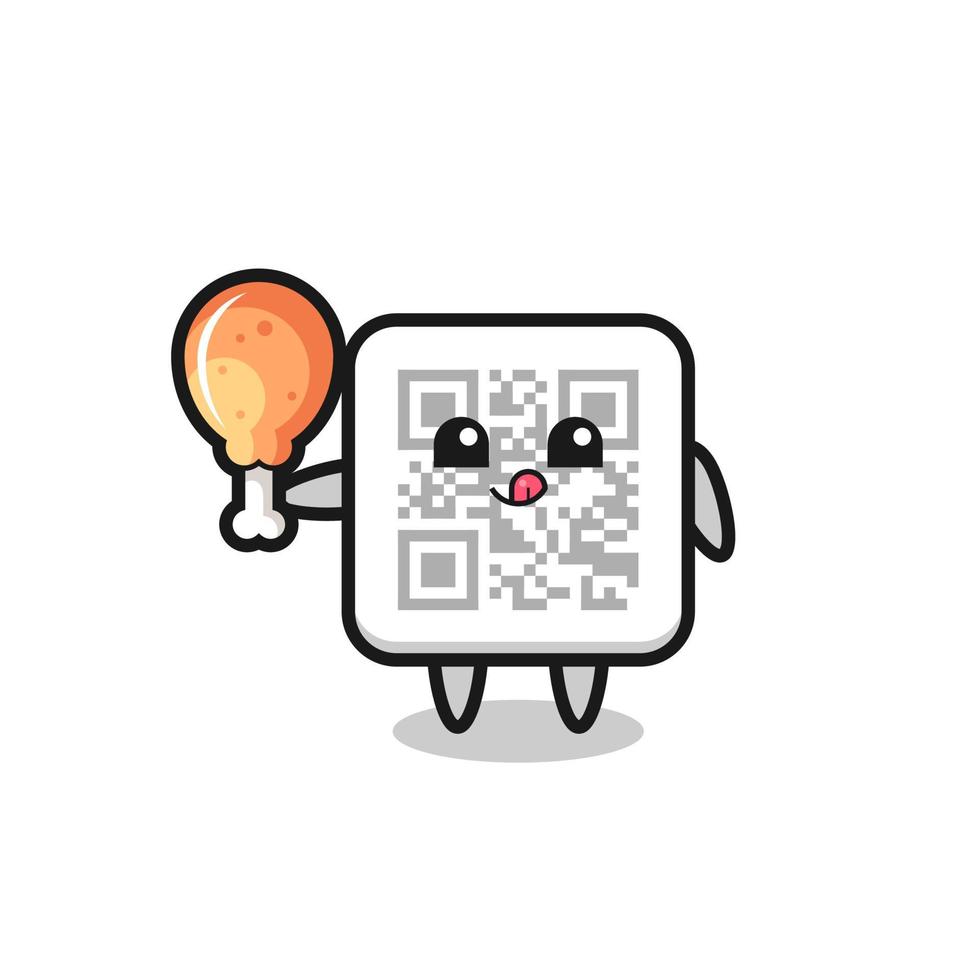 la mascotte mignonne de code qr mange un poulet frit vecteur