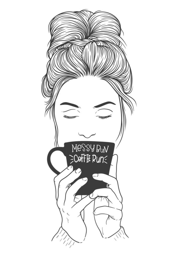 femmes avec des coiffures en désordre avec deux mains tenant une tasse de café. illustration de dessin au trait vecteur noir et blanc