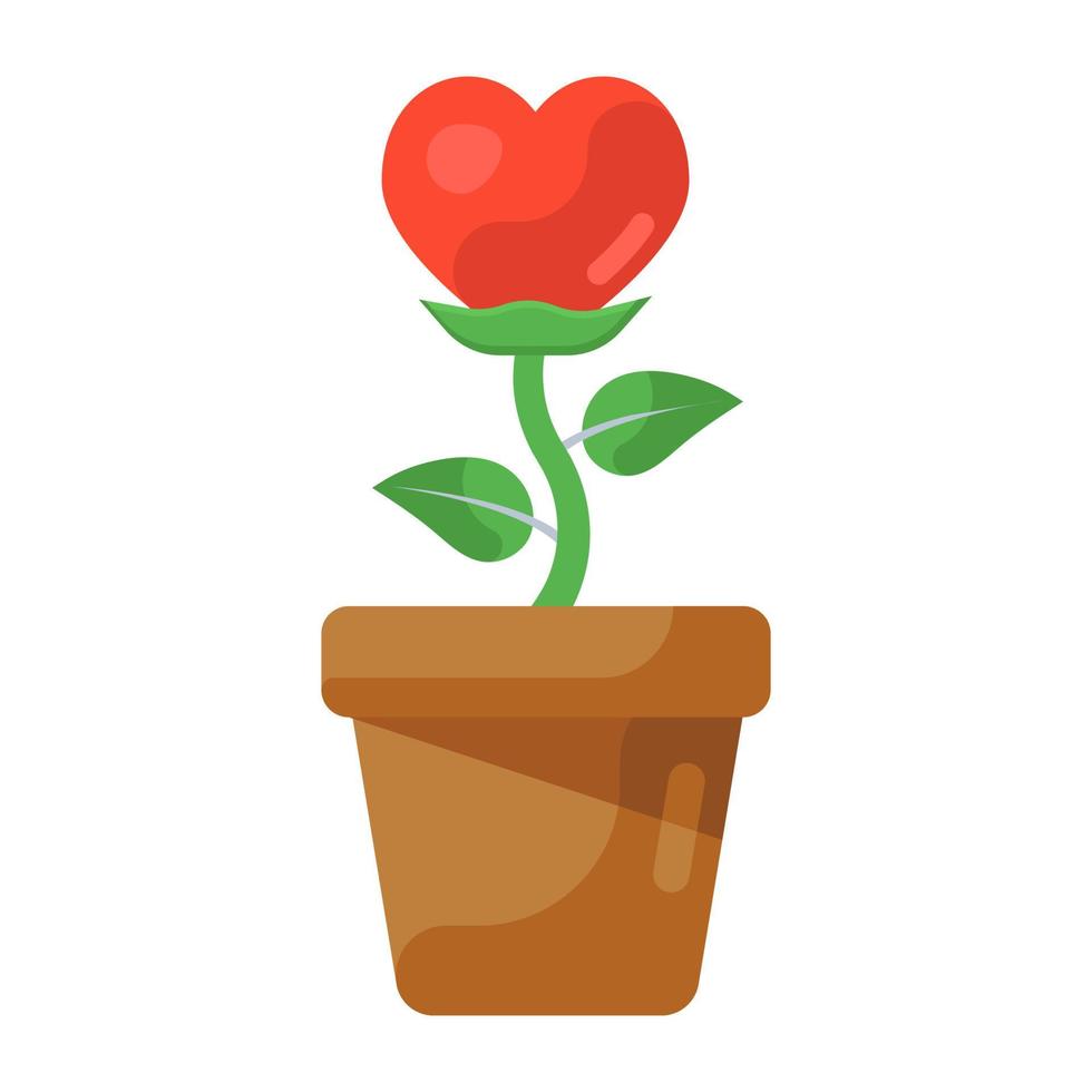 plante en pot avec coeur, icône plate de l'amour croissant vecteur