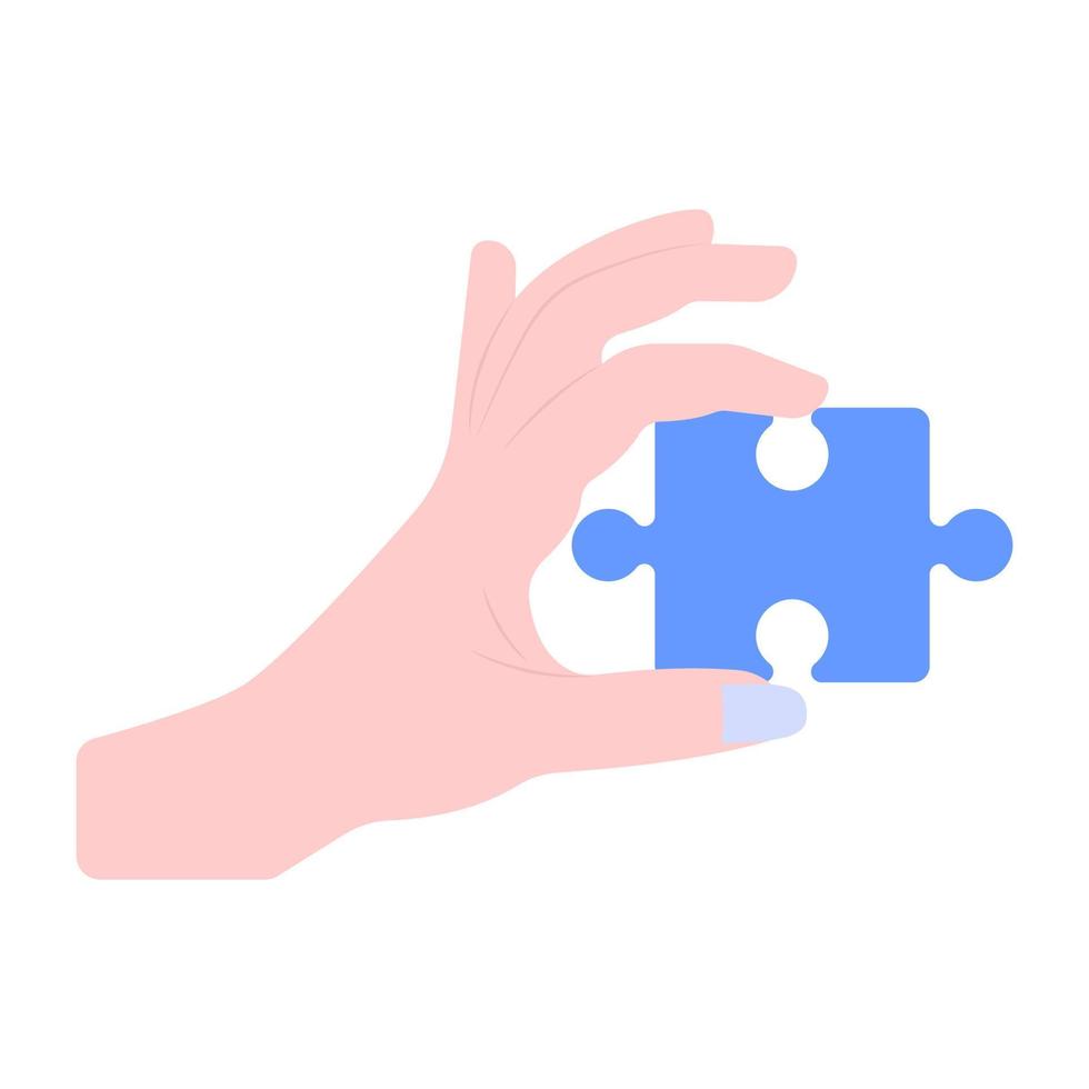 vecteur plat unique à la mode du joueur de puzzle, main tenant une pièce de puzzle