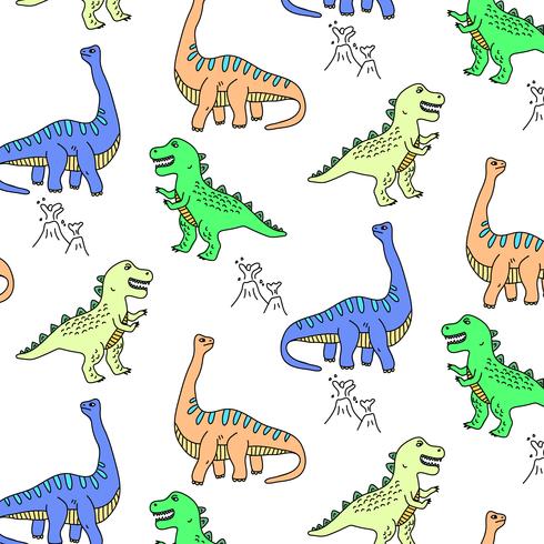 Motif de dinosaures colorés ludiques dessinés à la main vecteur