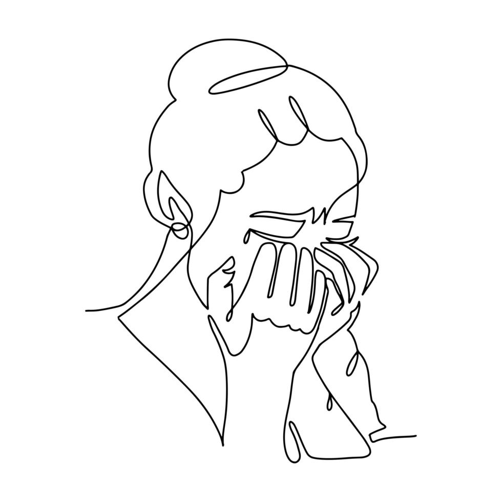 la femme pleure. le dessin en ligne continu de la fille couvre son visage avec ses paumes. chagrin, chagrin, concept de malheur. illustration vectorielle linéaire dessinée à la main. vecteur