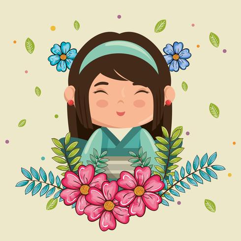 Kawaii, fille japonaise souriante avec personnage de fleurs vecteur