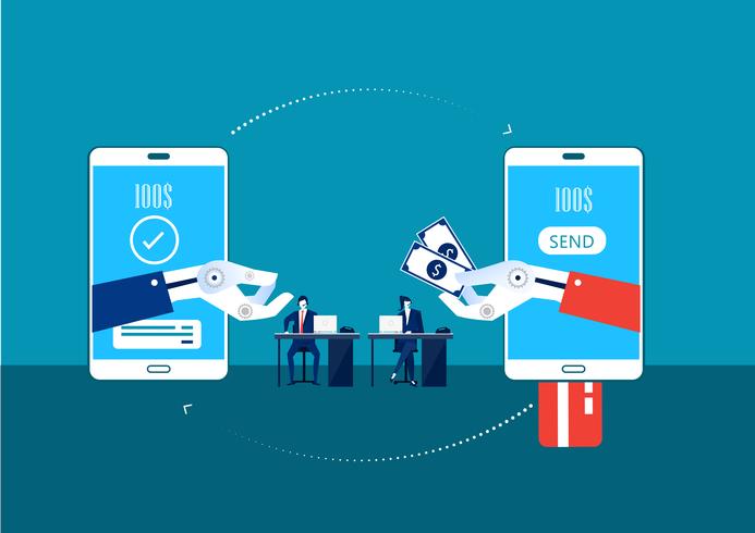 transférer de l&#39;argent via mobile avec la main du robot vecteur
