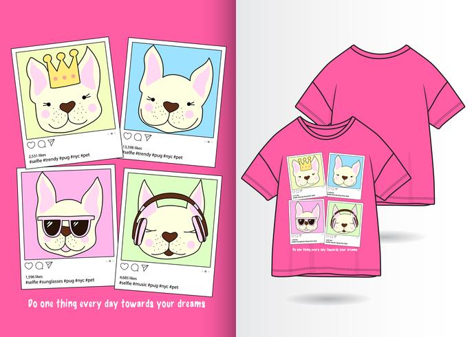 T-shirt dessiné à la main avec un cadre de média social animal vecteur