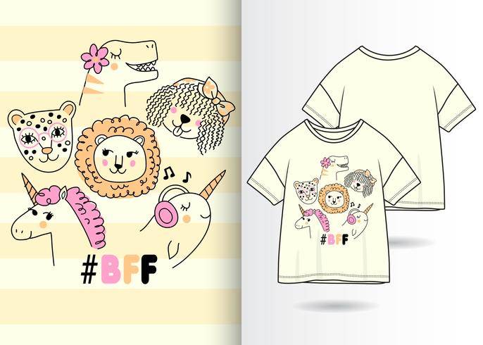 BFF Animaux Dessinés à La Main T Shirt Design vecteur