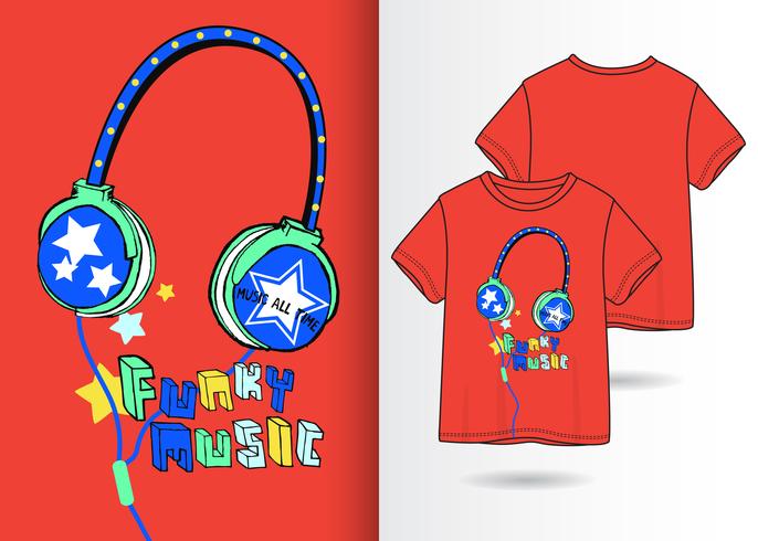 Funky Music Headphones Dessiné Main T Shirt Design vecteur