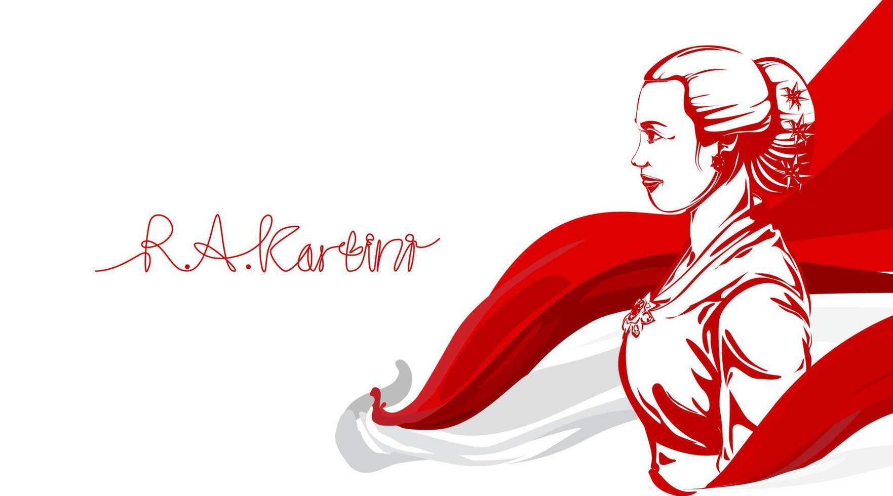 raden adjeng kartini les héros des femmes et des droits humains en indonésie. pop art avec fond de drapeau ondulant. - vecteur