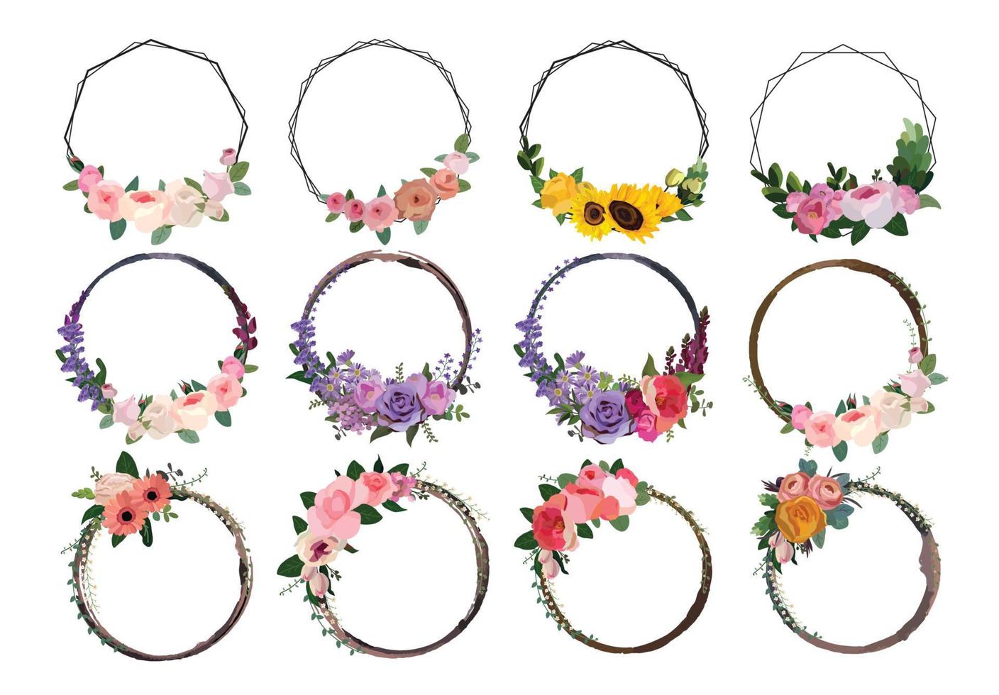 ensemble de belle couronne de fleurs, ensemble de cadres floraux. illustration vectorielle. vecteur